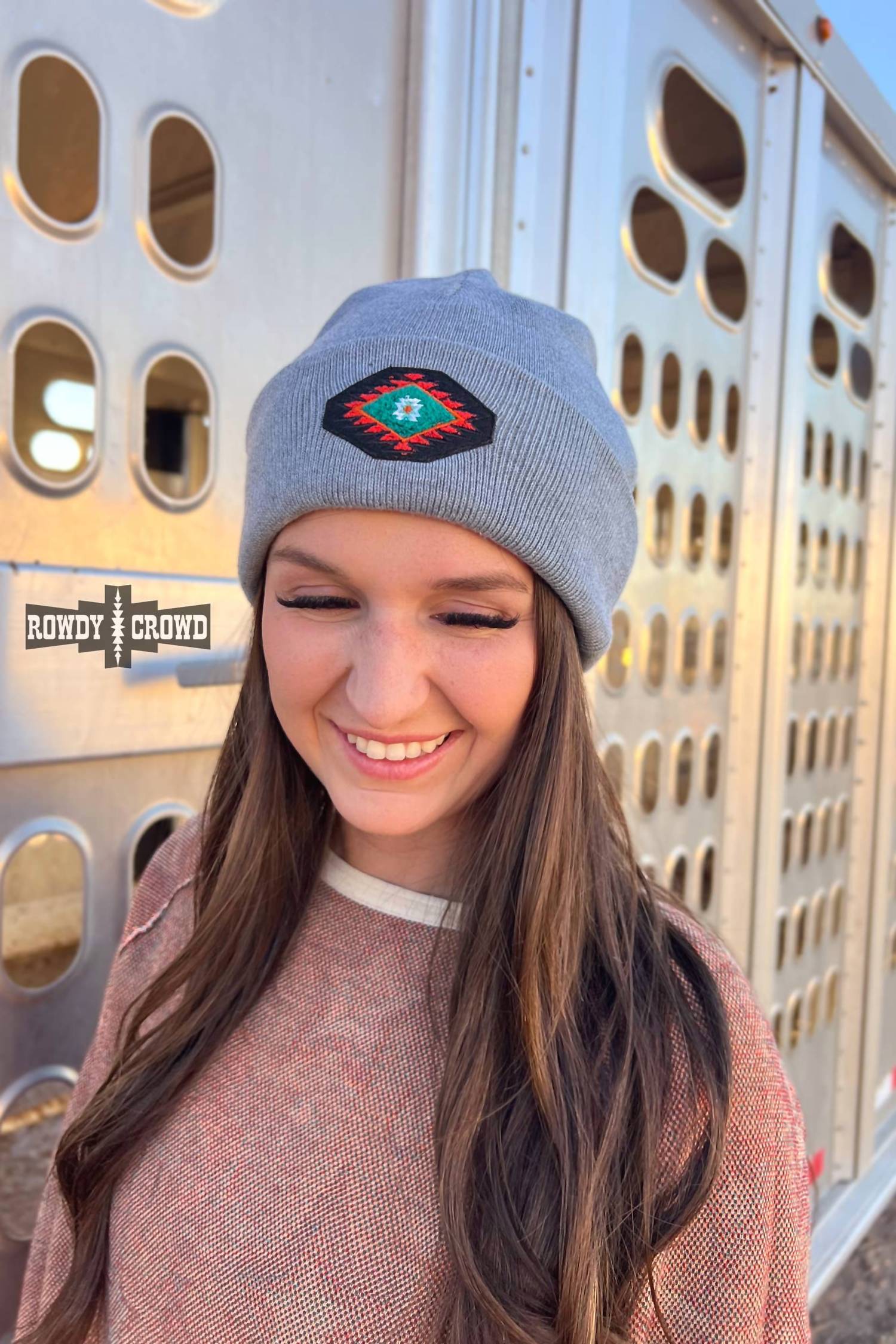 Rowdy Crowd Women's Alvarado Aztec Embroidered Beanie Hat in grey - women's hat - detail view