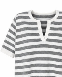 Zenana - Split Neck Stripe Short Sleeve Sweater
