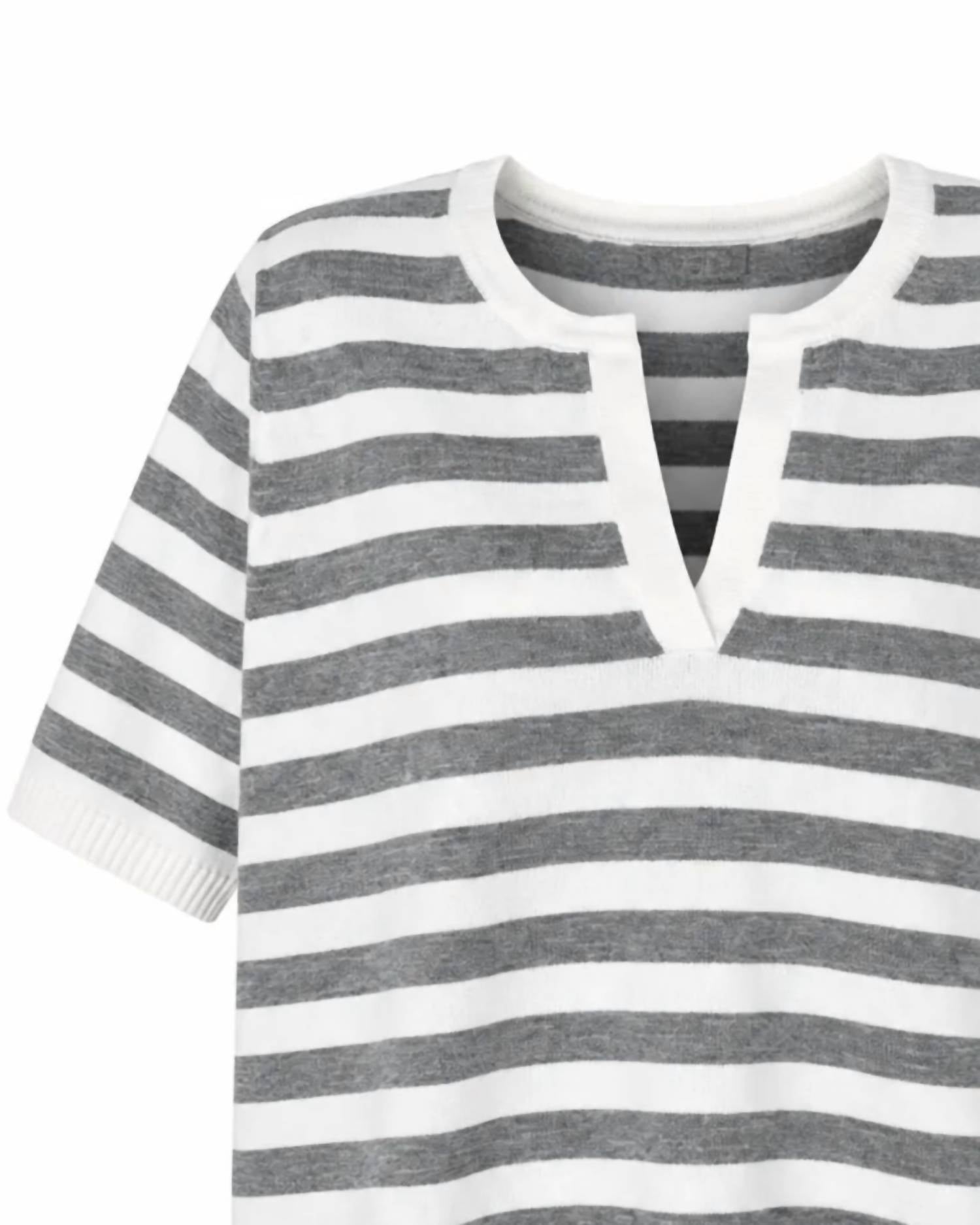 Zenana - Split Neck Stripe Short Sleeve Sweater