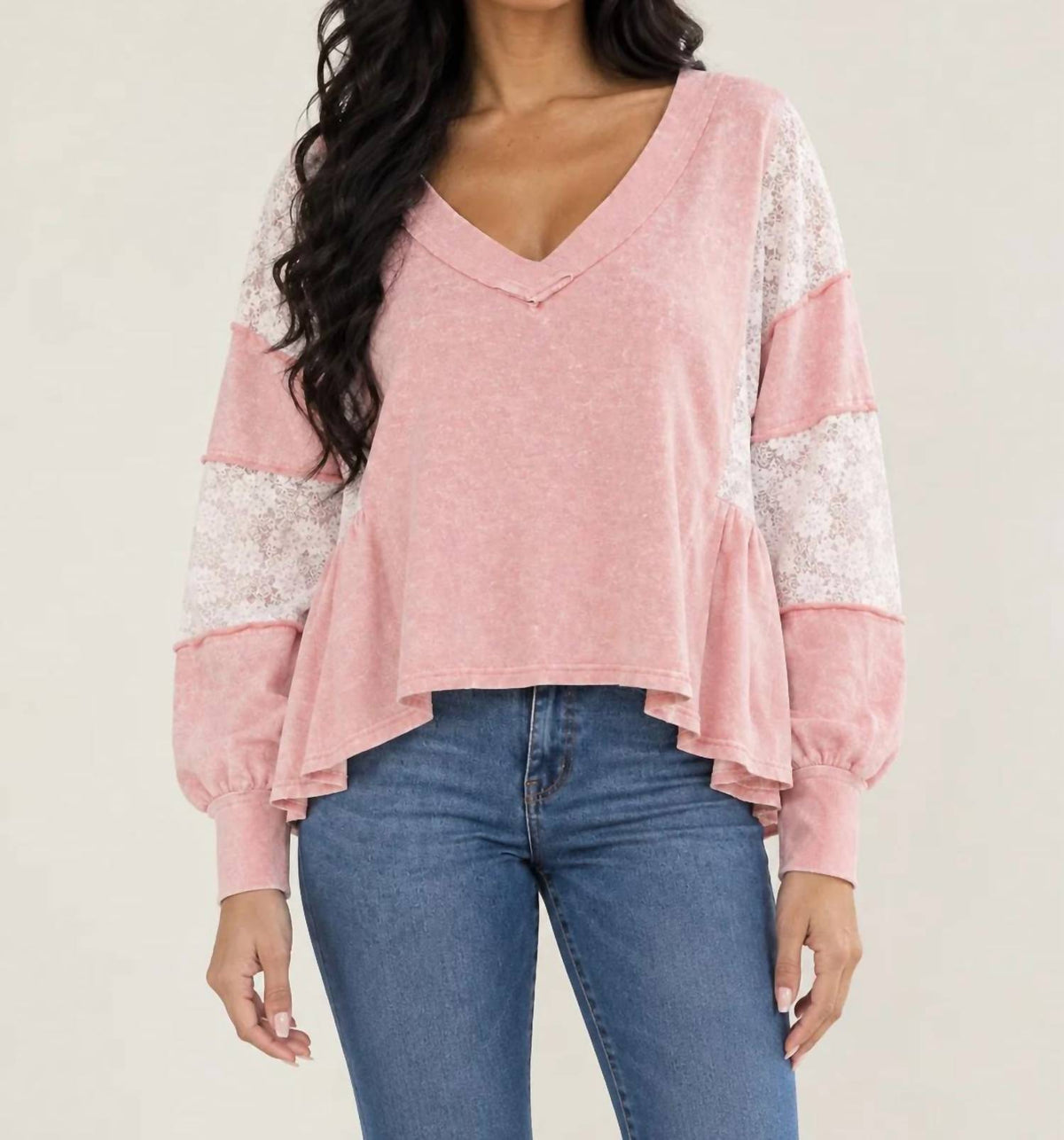 Surelymine - Mineral Wash V-neck Peplum With Sheer Lace Sleeves Top
