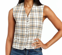 DREW Harper Plaid Vest in beige - women's jacket - detail view
