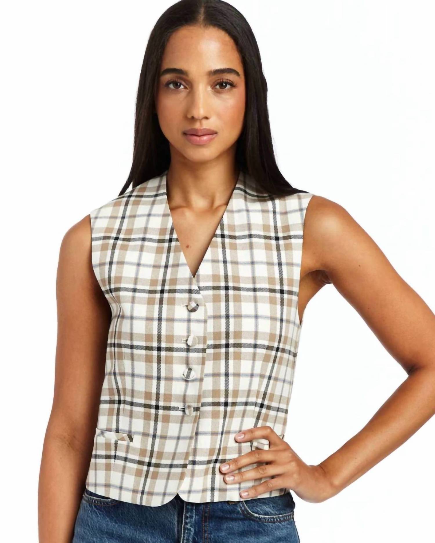 DREW Harper Plaid Vest in beige - women's jacket - alternate view