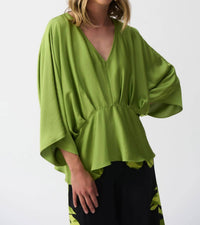 Joseph Ribkoff - V-neck Pleated Satin Peplum Top