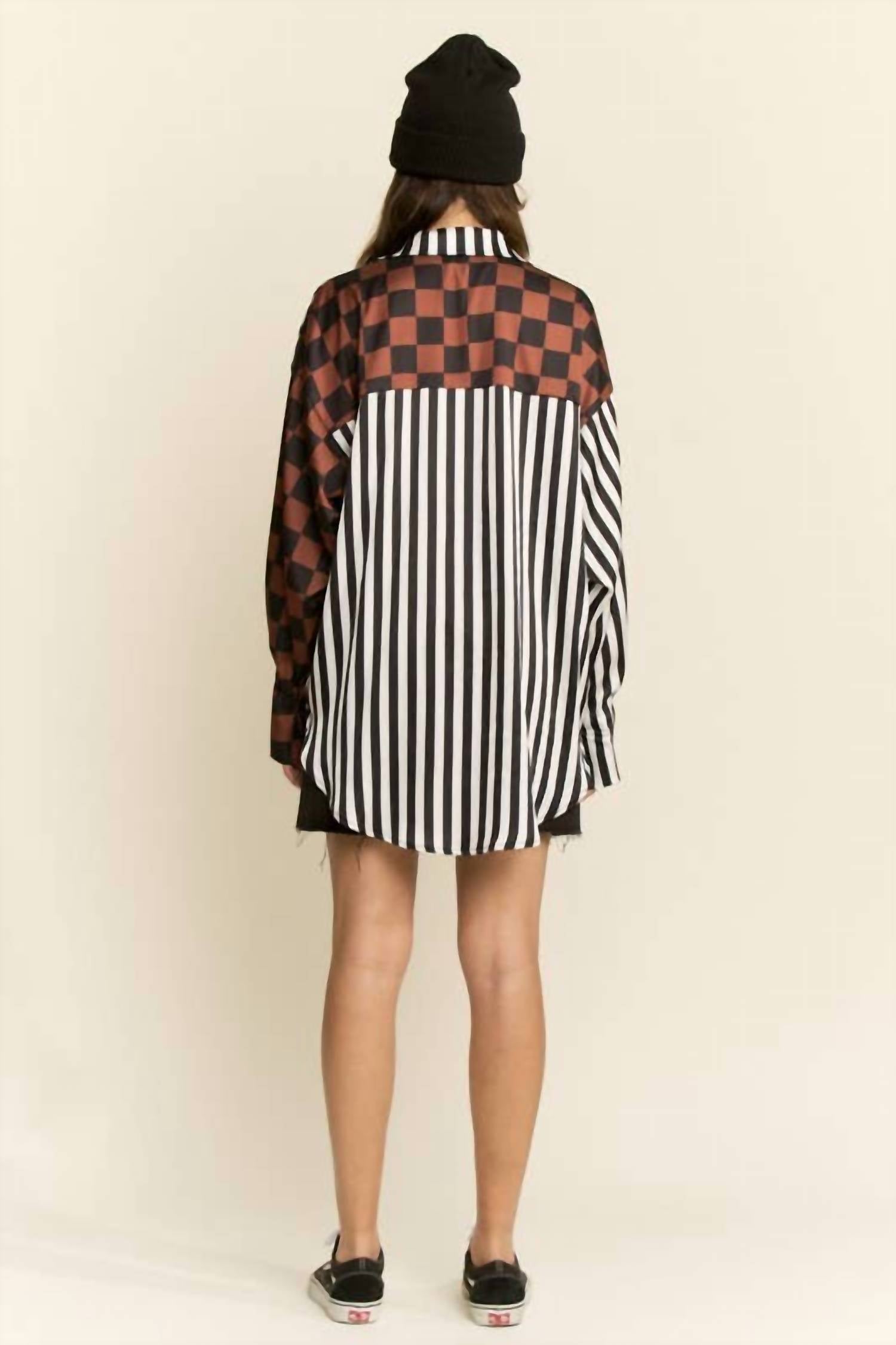 Jade By Jane - Split Decision Checker-stripe Blouse - Plus