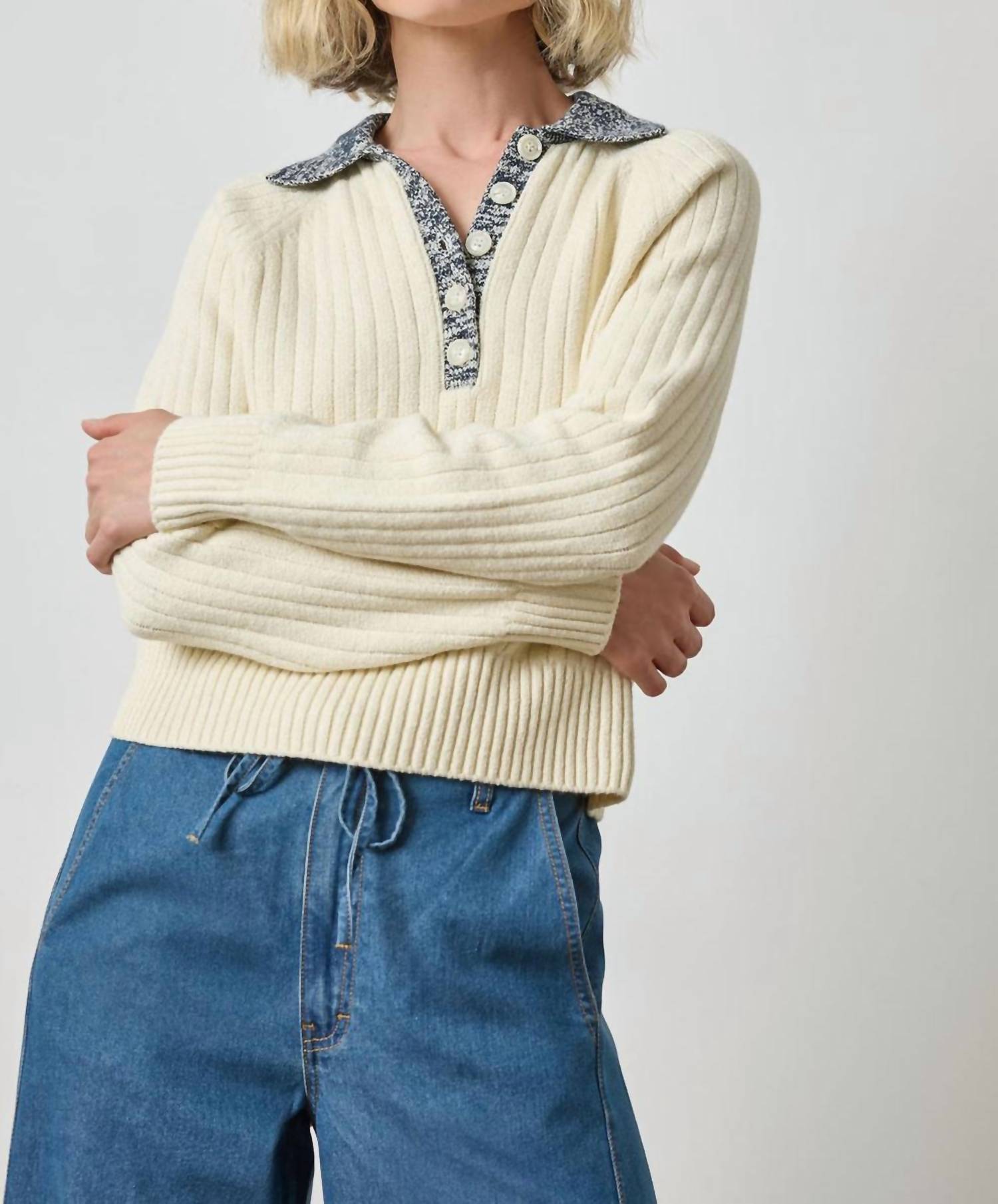 Lilla P Marled Henley Sweater Top in magnolia - women's sweater