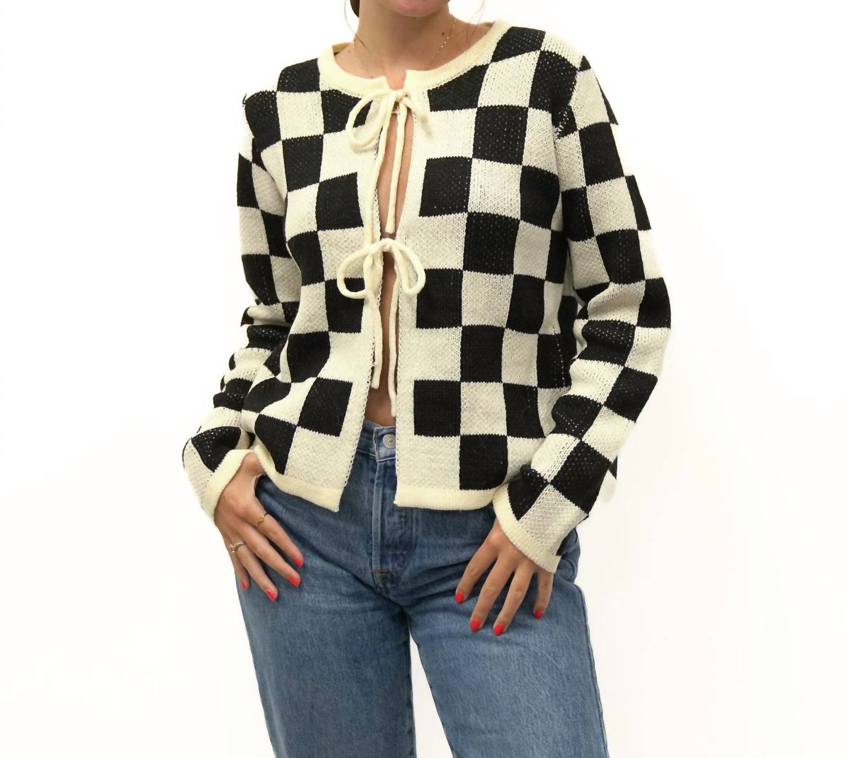 So Me - CLASSIC CHECKED TIE FRONT SWEATER