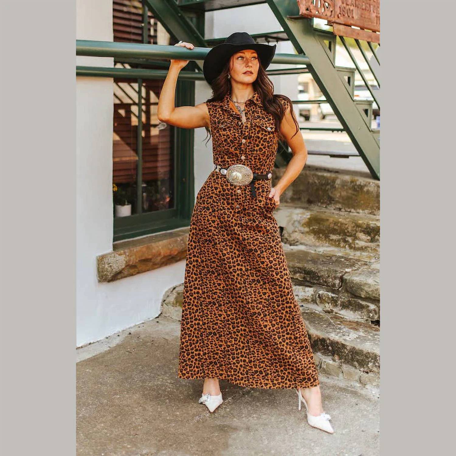 Lucky & Blessed - Leopard Denim Sleeveless Dress