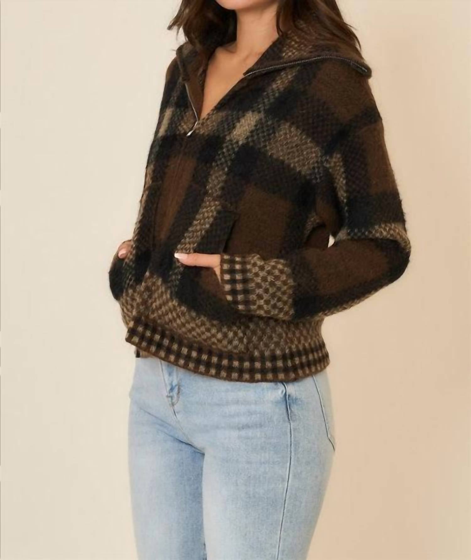 Cozy Co. - Plaid Knit Zipper Jacket