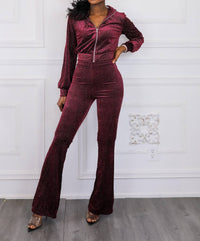Surelymine - Glam Babe Velvet Two Pieces Set Bomber Jacket and Flare Pants