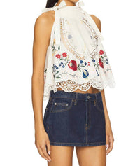 SEA Celia Embroidery Halter Top in cream - women's tank top - detail view