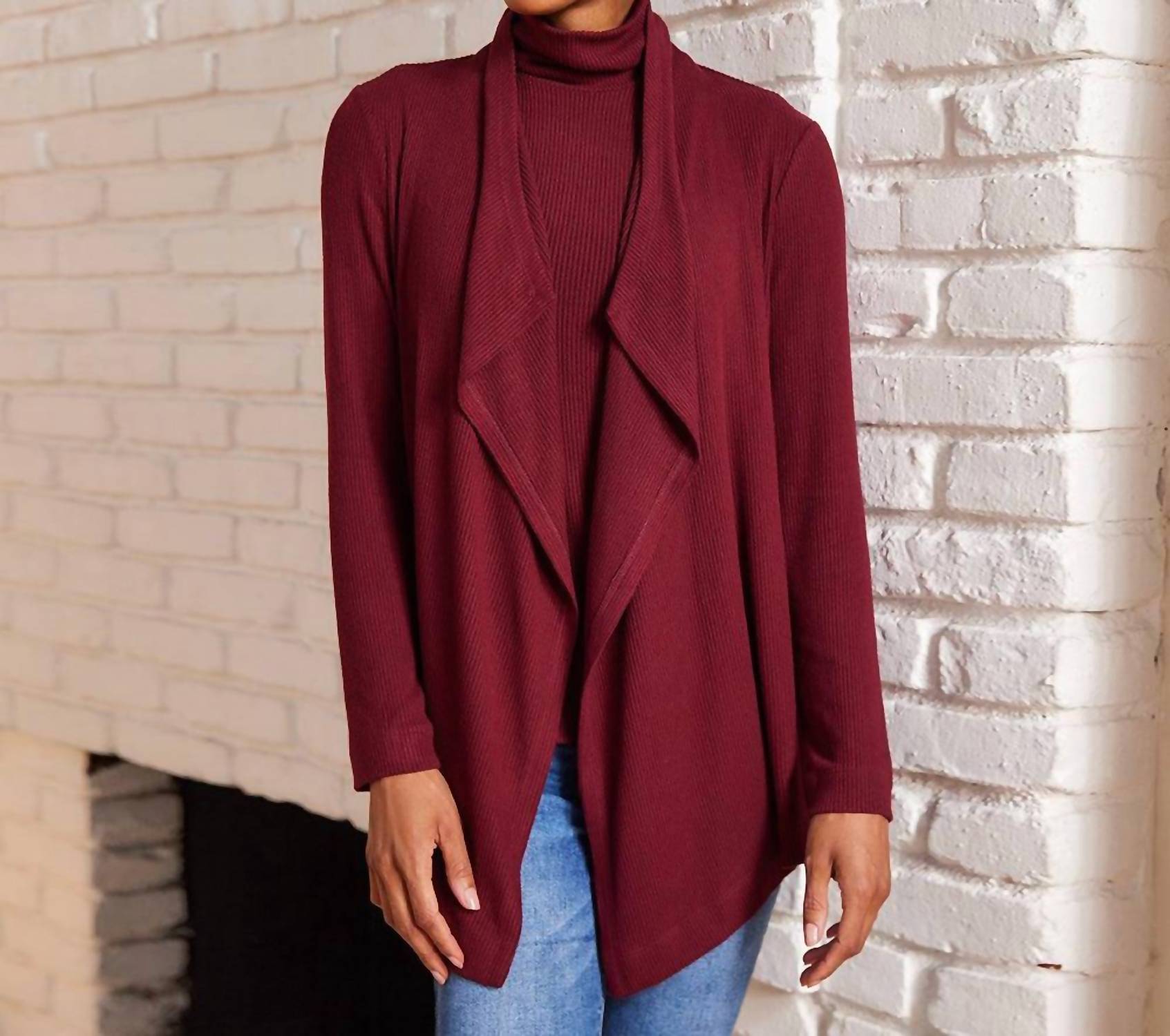 Karen Kane Long Sleeve Ribbed Drape Front Cardigan in wine - women's cardigan - view 5