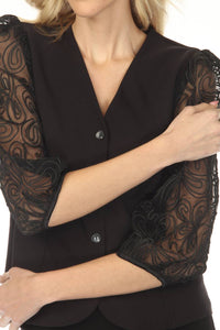 Joseph Ribkoff - Embroidered Mesh Sleeve Fitted Blazer