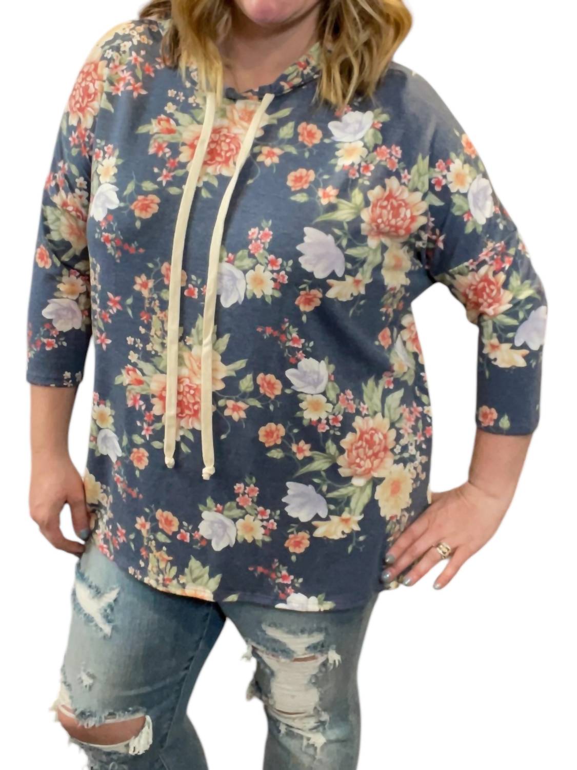 Honeyme - Floral 3/4 Sleeve Hoodie