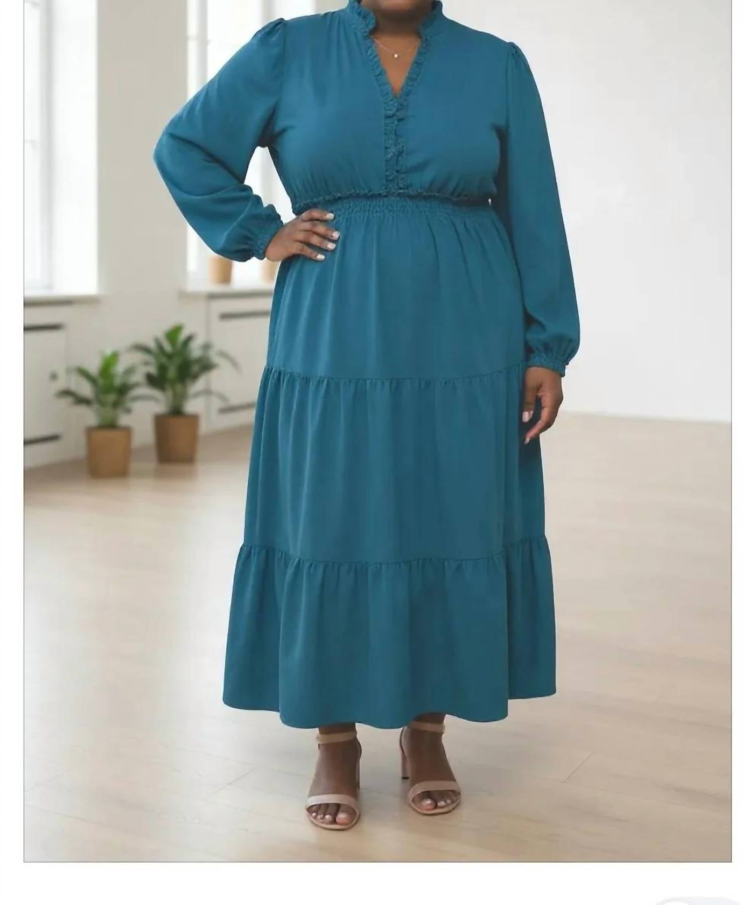 Haptics - Women's Solid Smocking Waist Tiered Midi Woven Dress