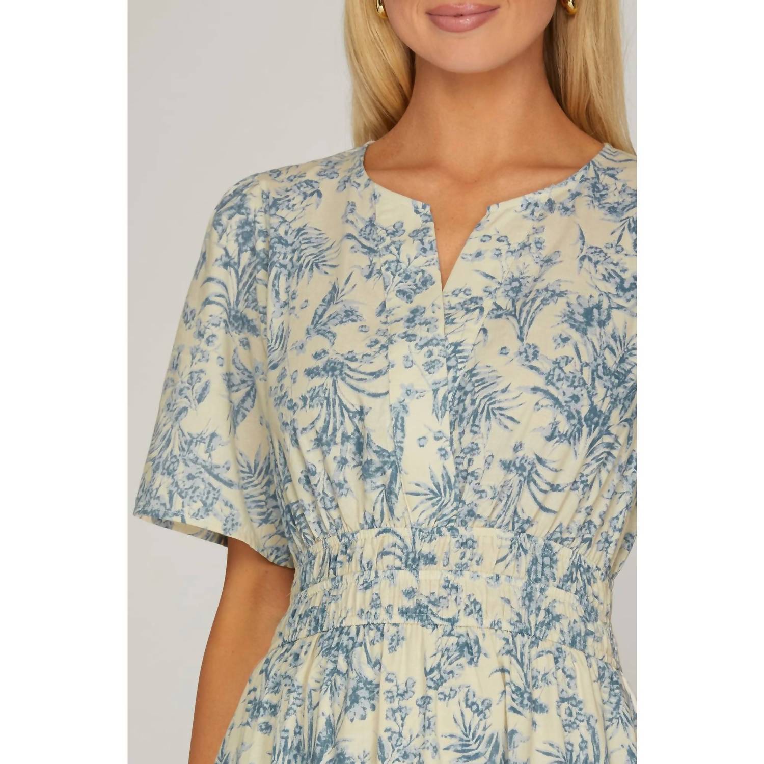 Style USA Woven Floral Print V Neck Tiered Midi Dress in blue - women's dress - view 4