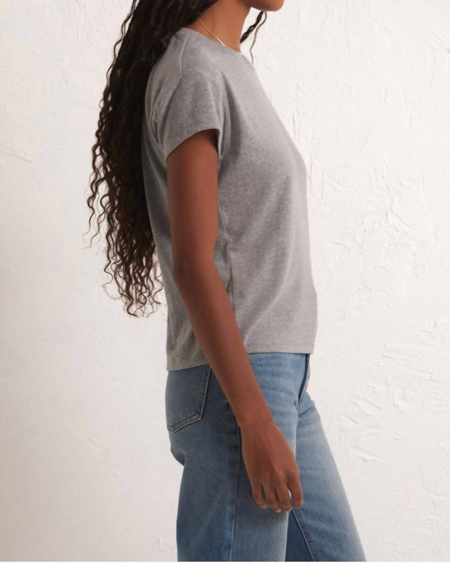 Z Supply Modern Tri Blend Crew Neck Tee in classic heather grey - women's t-shirt - detail view