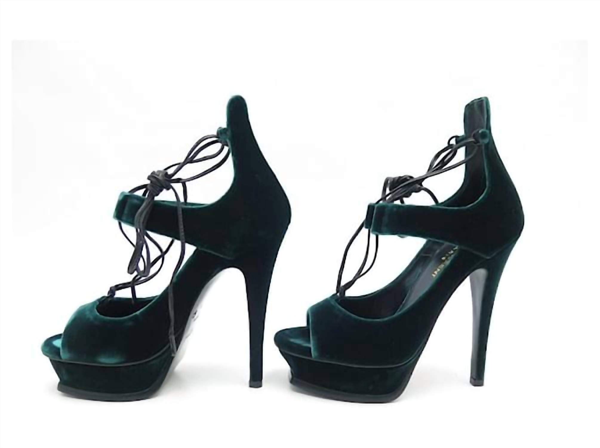 SAINT LAURENT Women's Velluto Master Platform Heeled Sandals in emerald - women's sandal - detail view