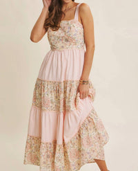 In February - Dreamy Ideal Florals And Stripes Tiered Midi Dress