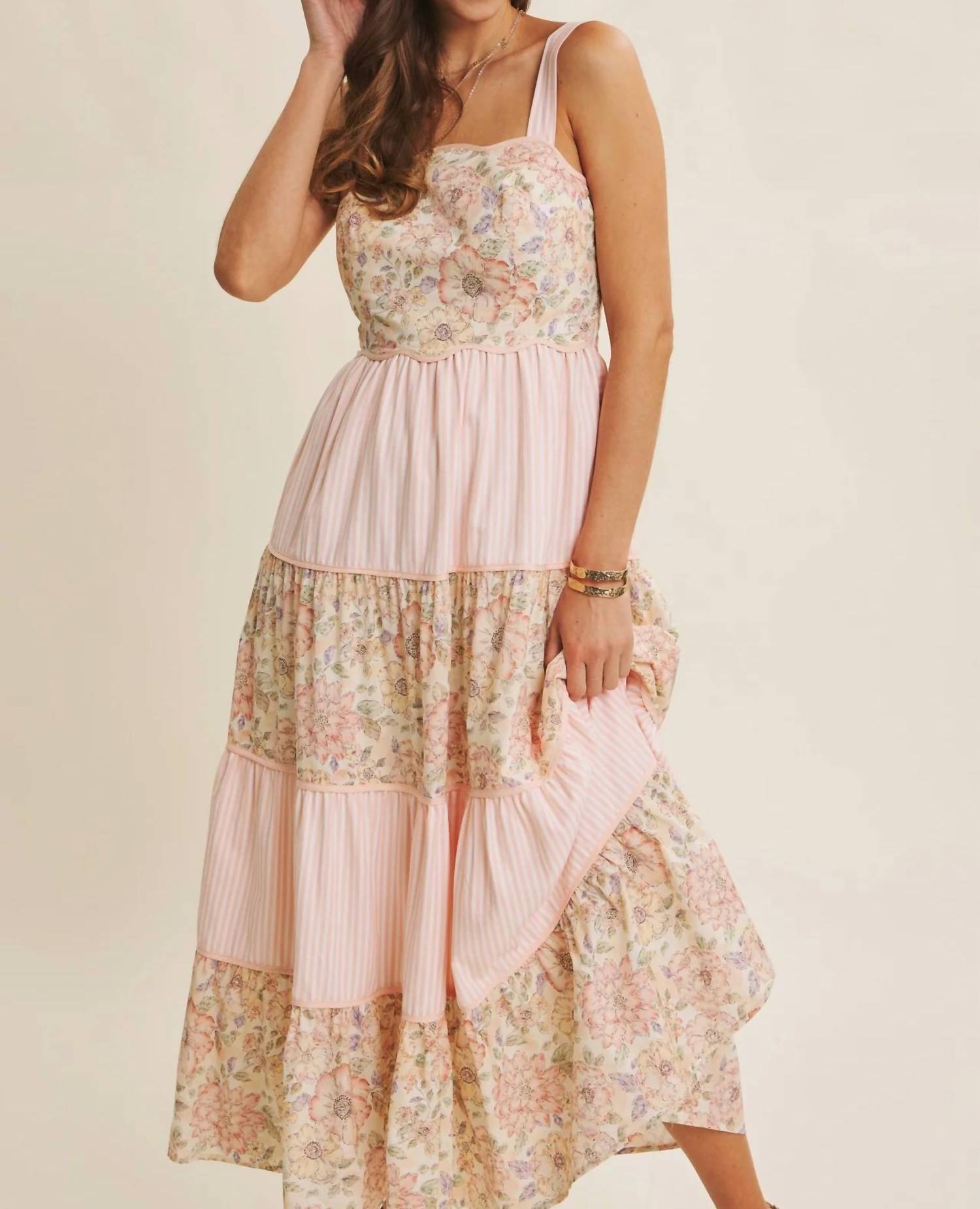 In February - Dreamy Ideal Florals And Stripes Tiered Midi Dress