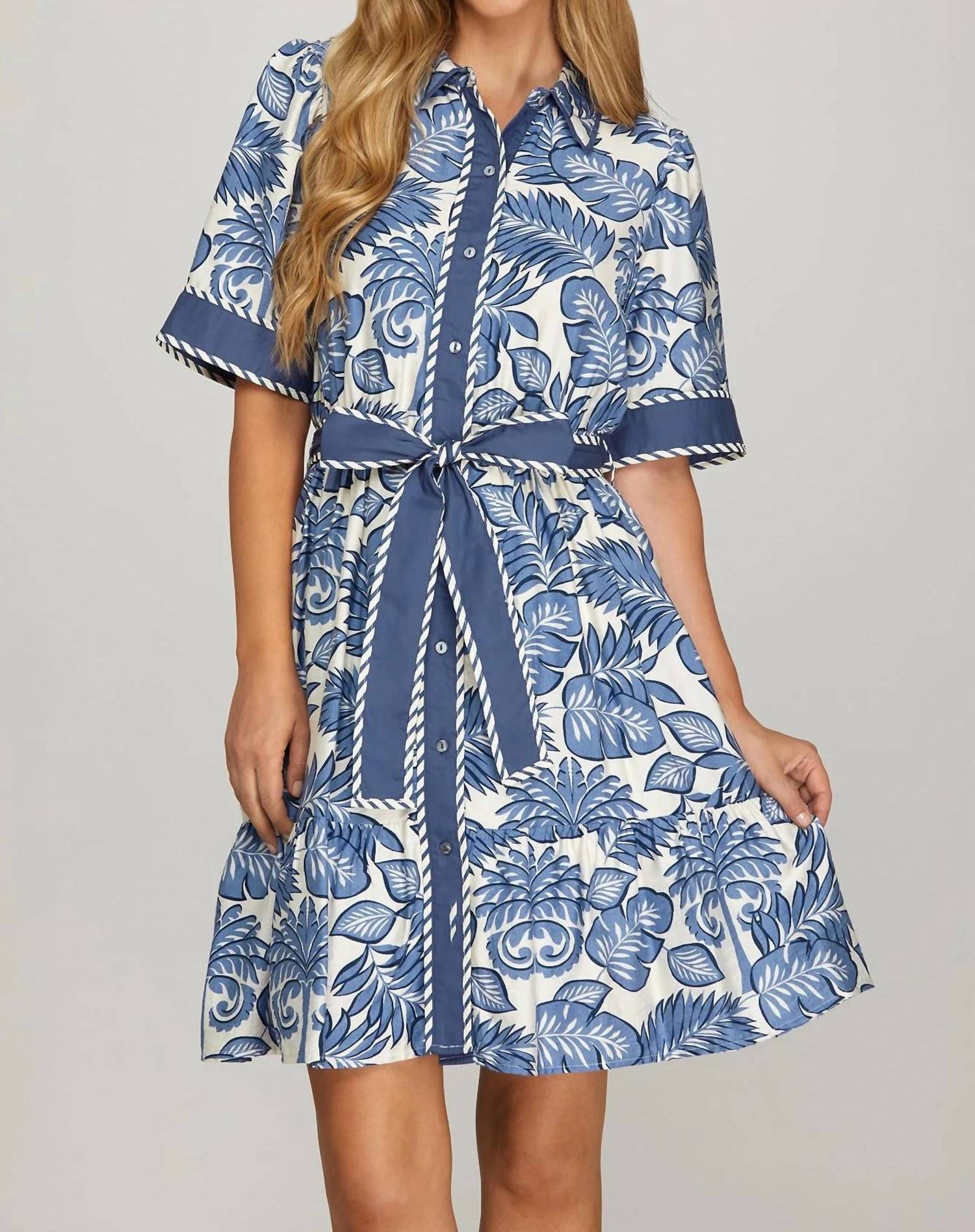 She + Sky - Half Sleeve Button Down Print Dress