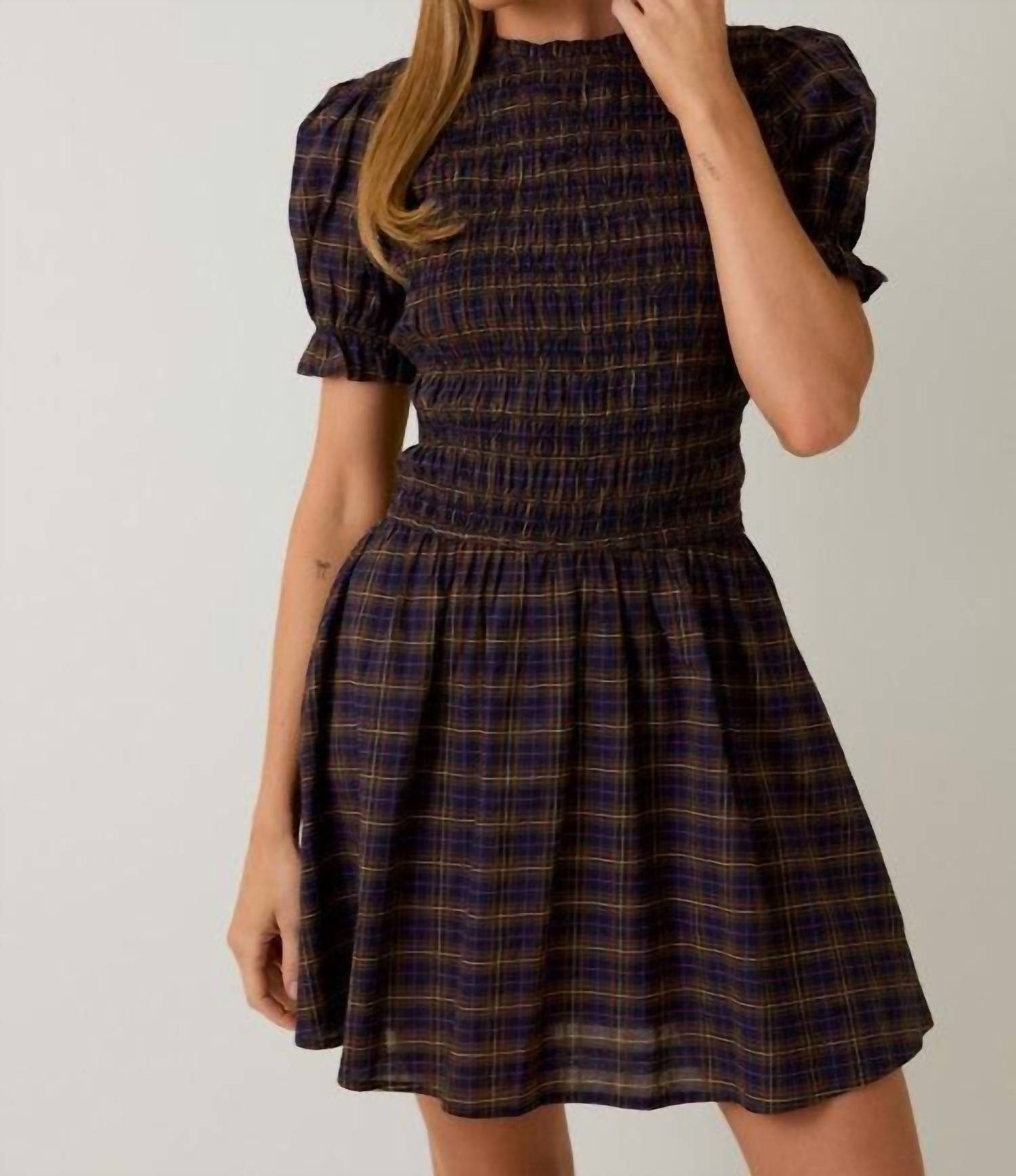 Sunday Edition Mock Neck Smocked Mini Dress in navy multi - women's dress - view 4
