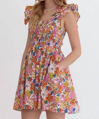 Entro - Blooming Beauty Mini Dress with Ruffle Detail And Smocked Bodice