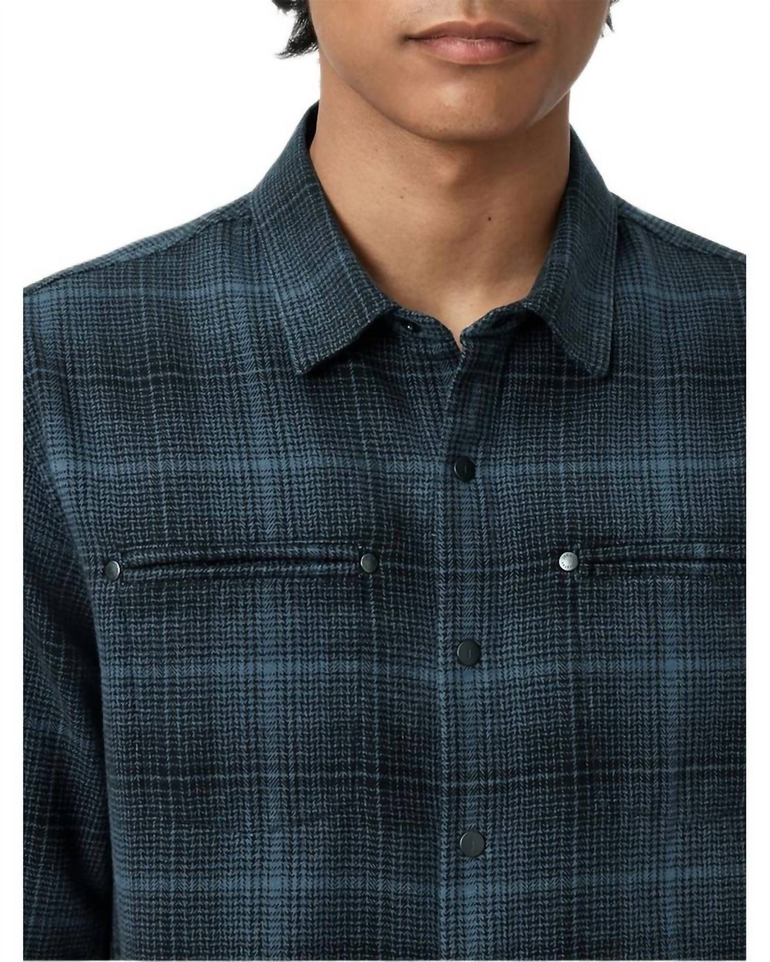 John Varvatos Dario Brushed Plaid Shirt in titanium blue - men's shirt - detail view