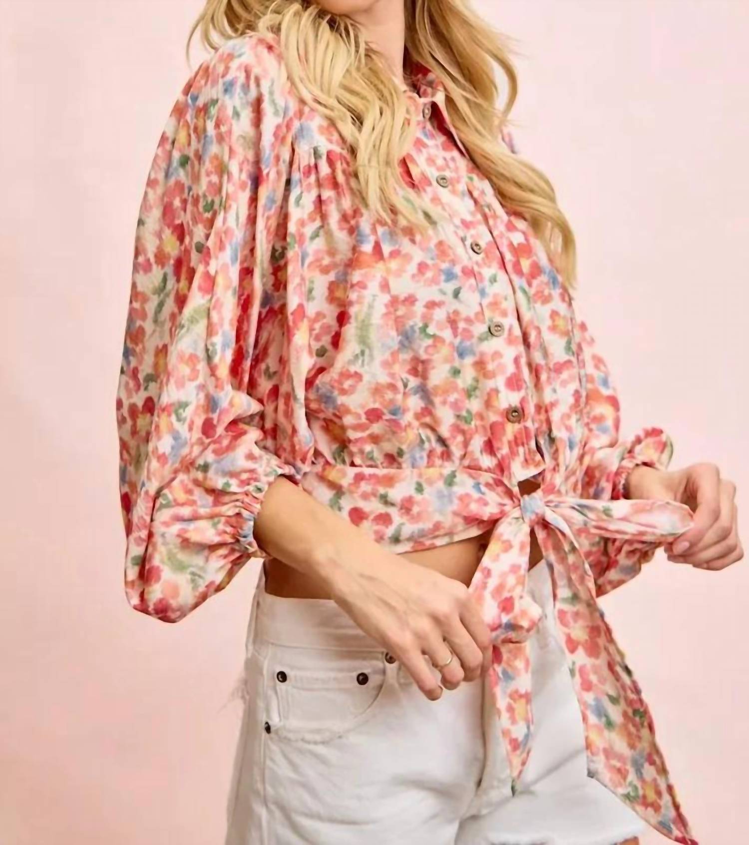 Bibi - Floral Print Tie Hem Detail Crop Shirt