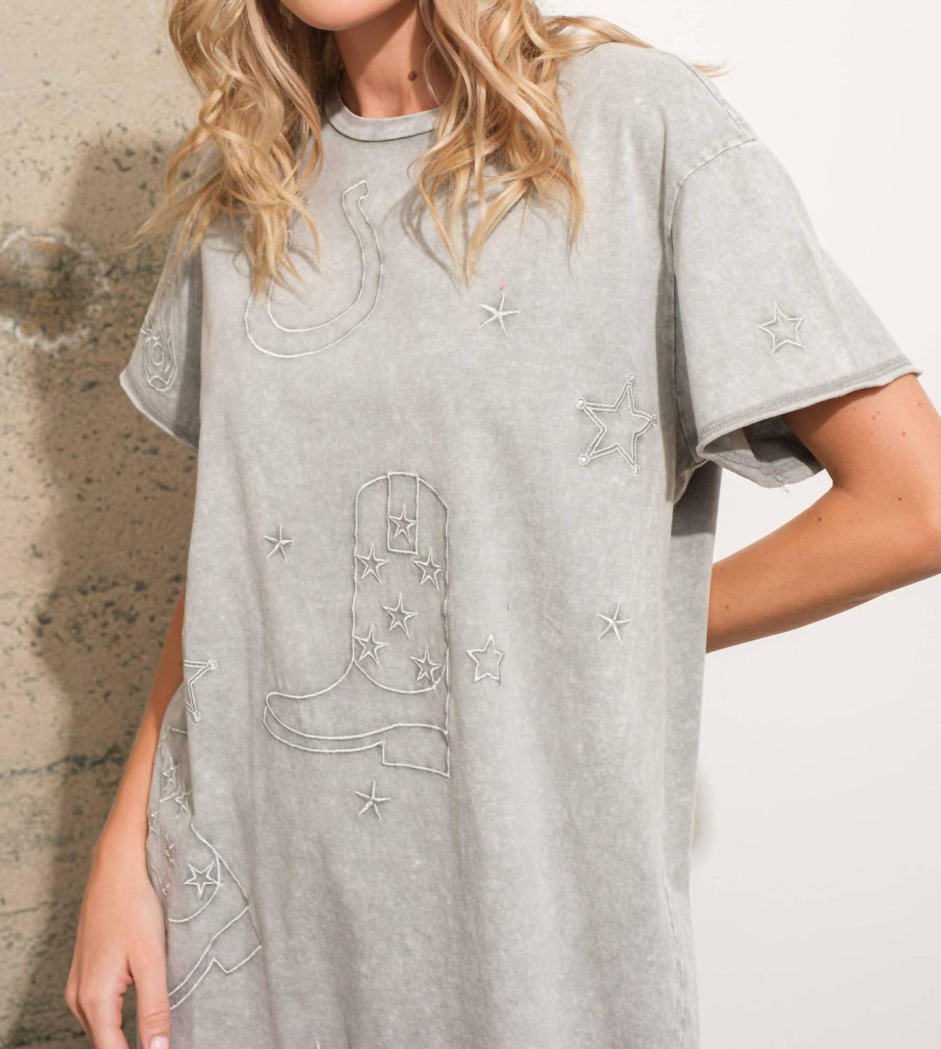 Blue B Garment Washed Crew Neck Embroidered T Shirt Dress in grey - women's dress - view 5