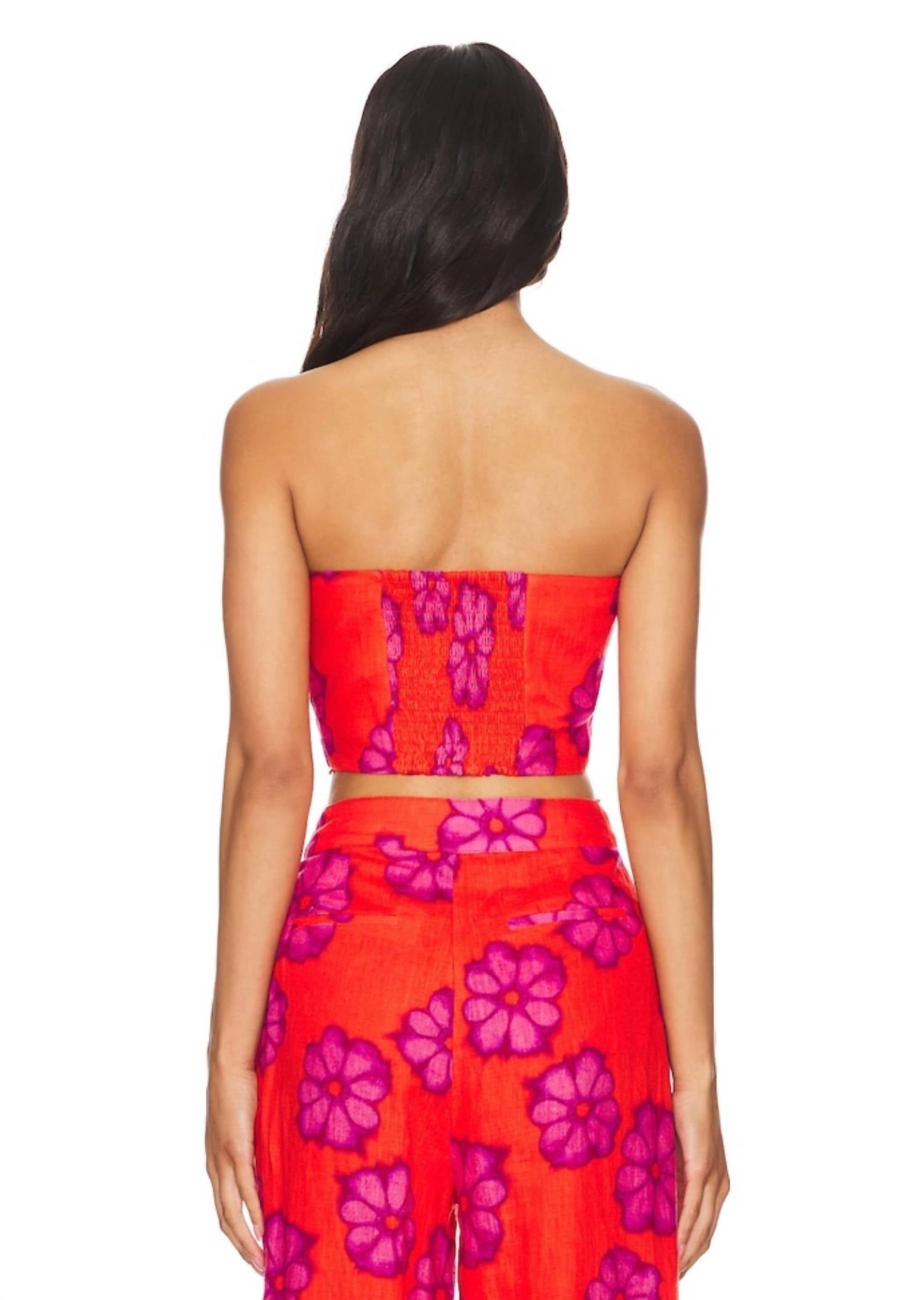 RHODE Toni Floral Linen Bra Top in scarlet bombay bloom - women's shirt - detail view