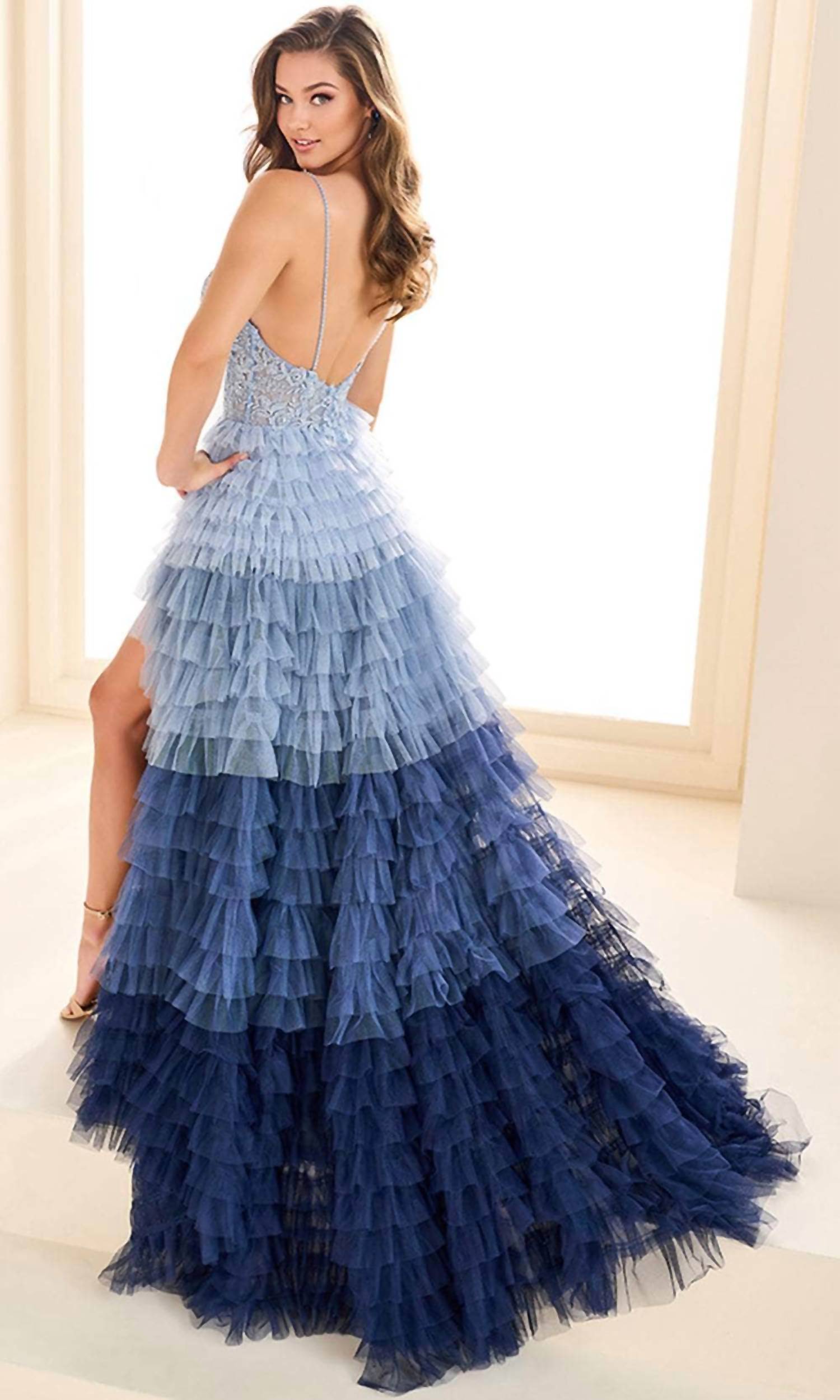 Ellie Wilde - Beaded Plunging V-neck Prom Gown