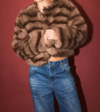 LE LIS Evie Faux Fur Crop Coat in mocha brown stripe - women's jacket - view 4