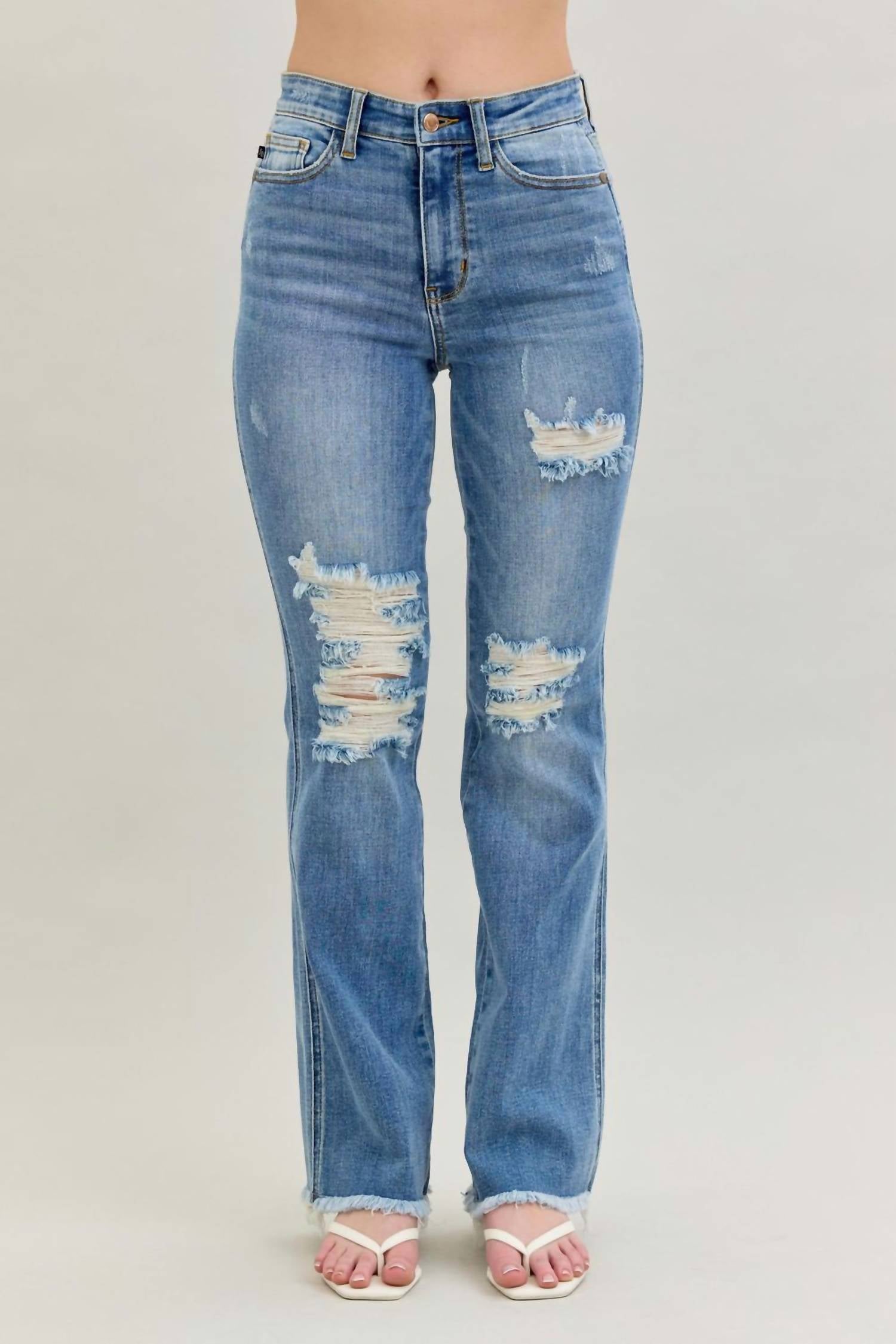 Judy Blue - High Waist Destroy Fray Hem Bootcut Denim Jean