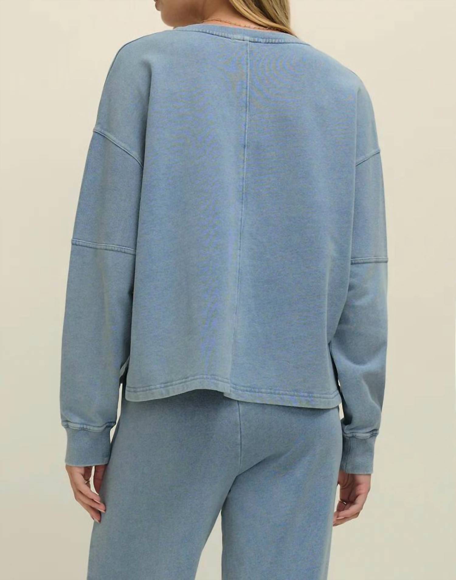 Z Supply Delphine Knit Denim Sweatshirt in blue - women's top - detail view