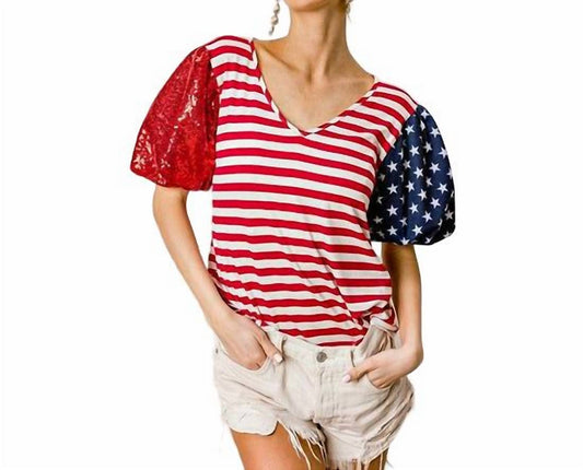 Bibi - American Flag Stars and Stripes Sequin Sleeve Top