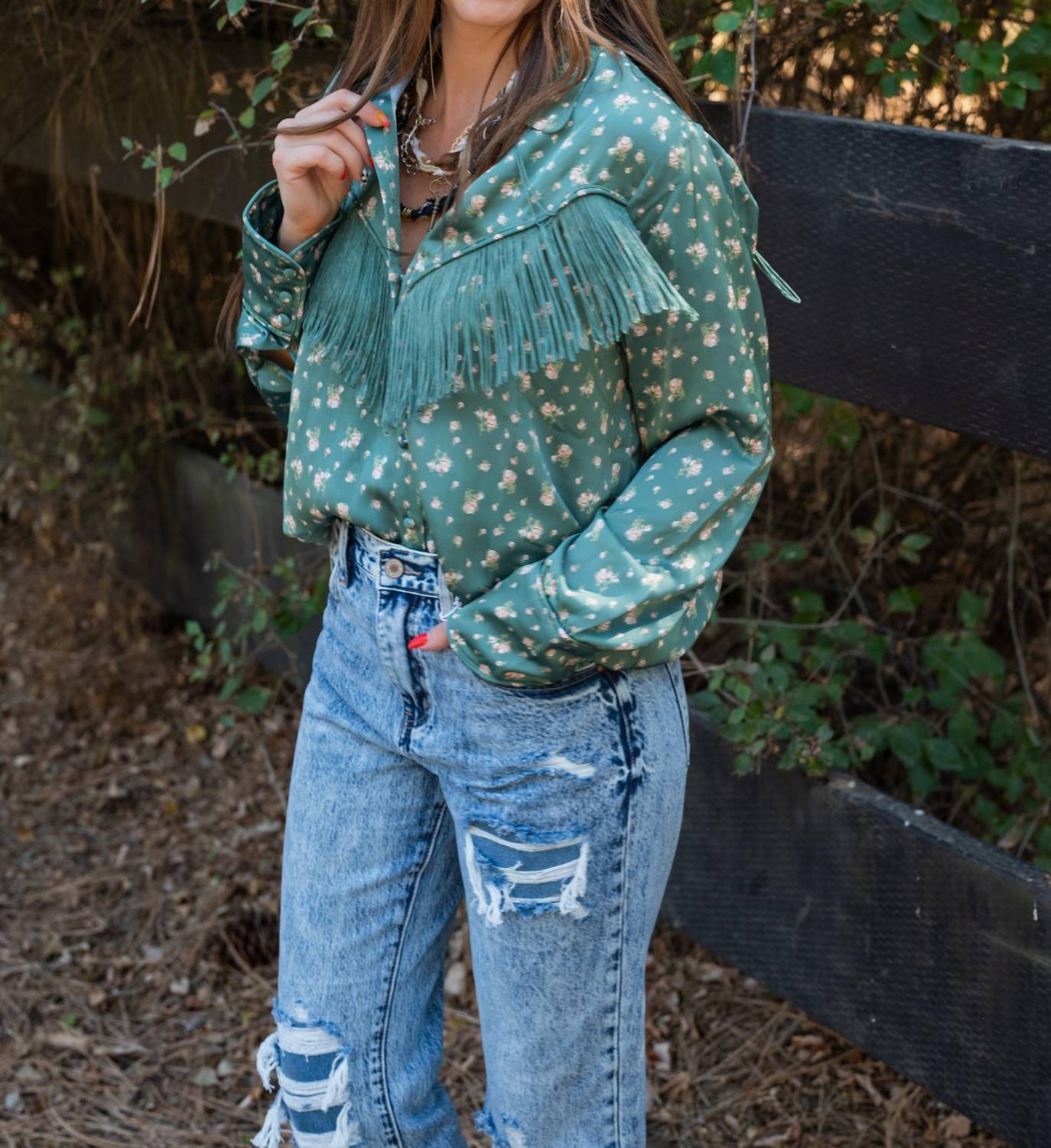 Fate KAE FRINGE SHIRT in green - women's blouse - alternate view