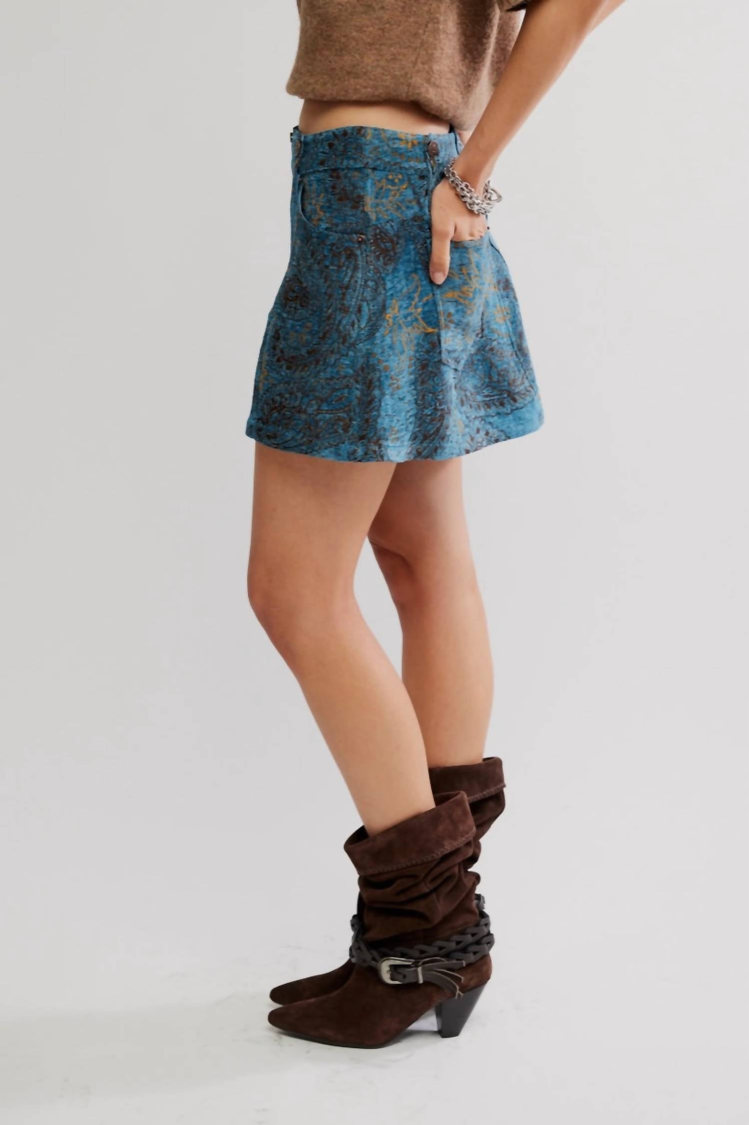 Free People Micah Mini Skirt in blue combo 1 - women's skirt - detail view