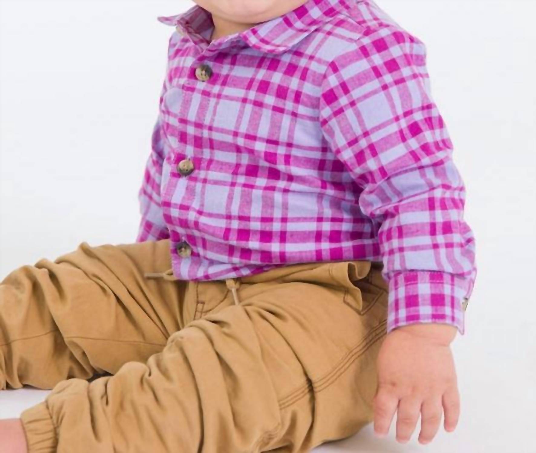 RuffleButts Boy's Harper Plaid Long Sleeve Button Down Bodysuit in purple - kids' item - alternate view