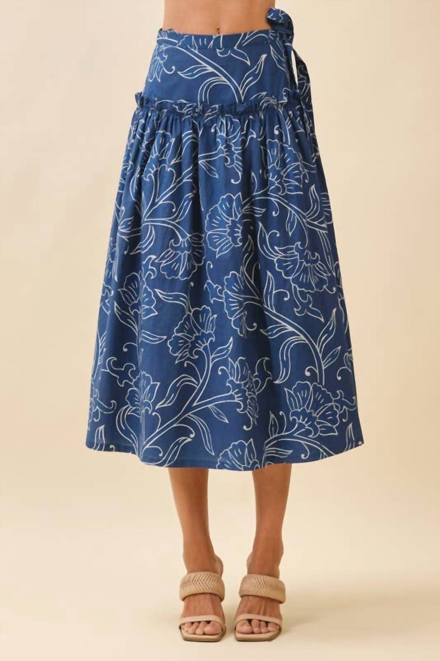 Tcec - Floral Print A Line Side Tie Wrap Midi Skirt