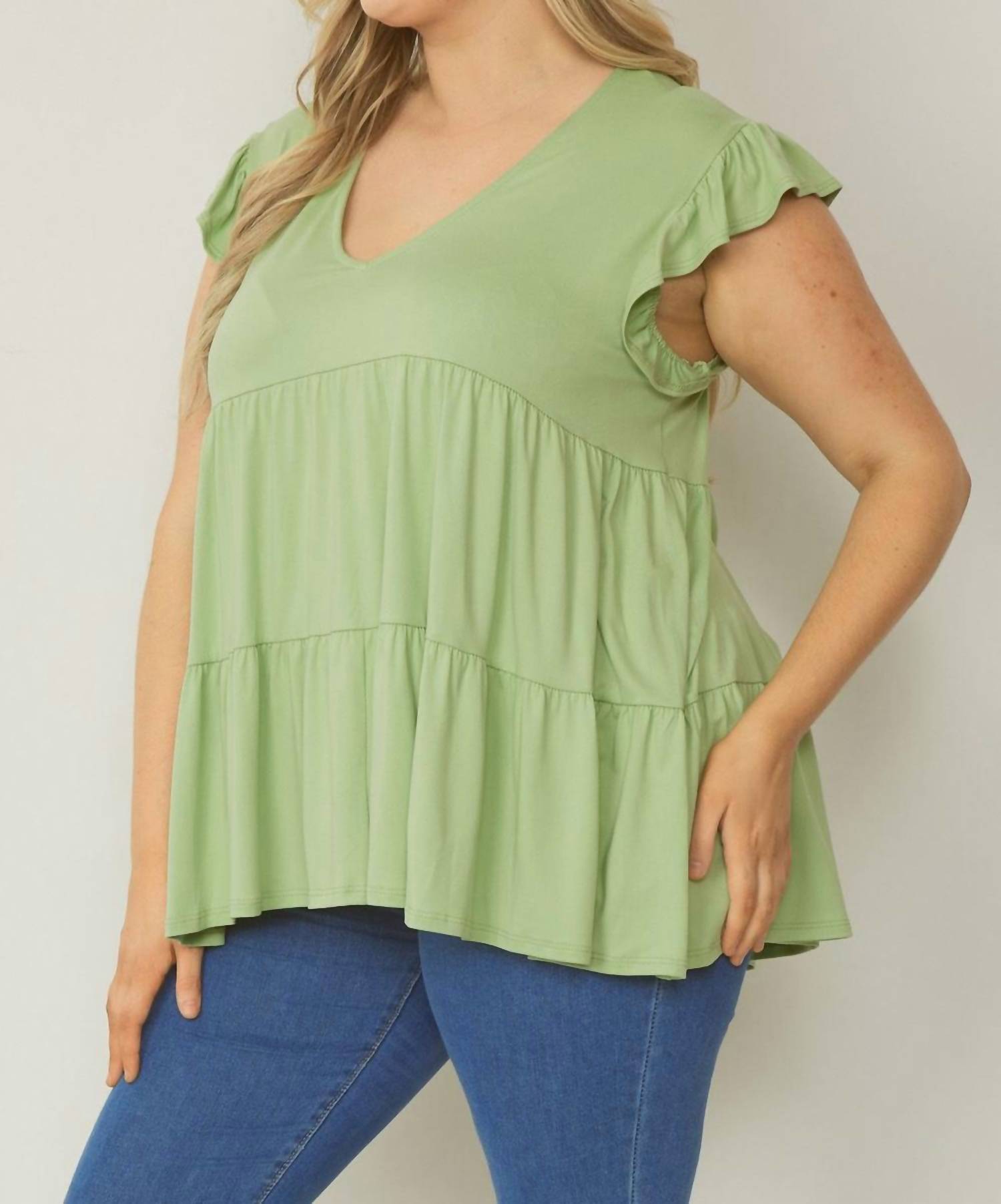 entro Tiered Ruffle Babydoll Top in sage - women's shirt - alternate view