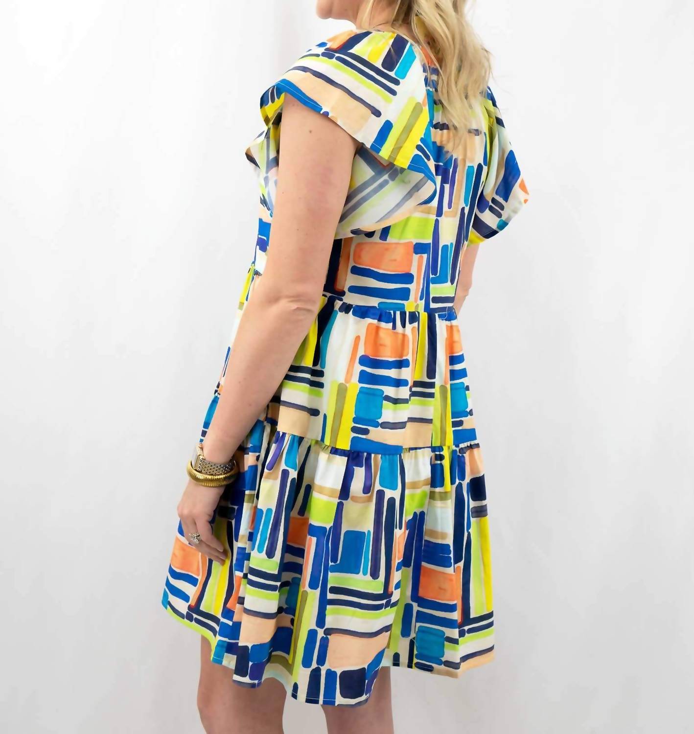 entro Geometric Flutter Sleeve Mini Dress in multi - women's dress - detail view