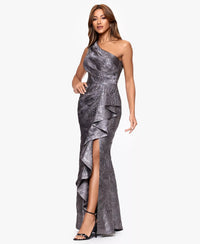 Xscape - One Shoulder Ruffle Floor Length Jacquard Dress