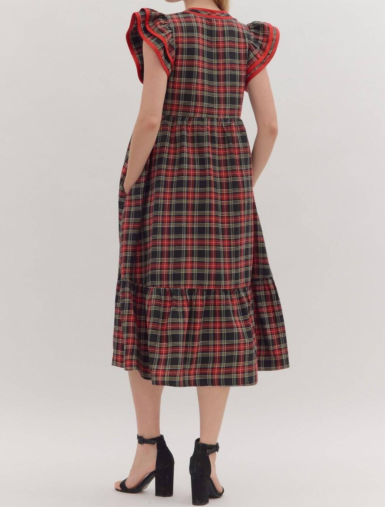 Entro - Plaid Flutter Sleeved Midi Dress
