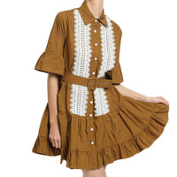 Beulahstyle - Ruffled Front Lace Detail Mini Dress With Belt