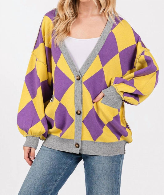 Sewn And Seen - Women's Game Day Argyle Print Cardigan Sweater