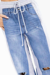 Little Secret Of Mine - Boho Elastic Waist Pockets Distressed Contrast Wide-leg Pants
