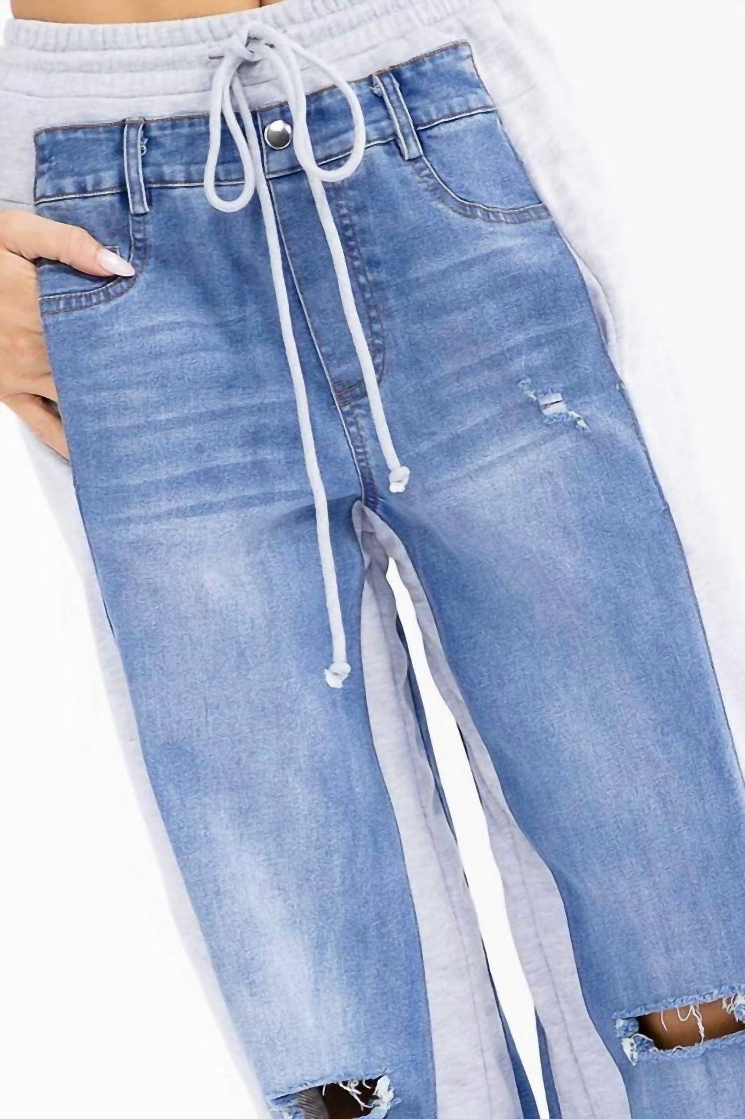 Little Secret Of Mine - Boho Elastic Waist Pockets Distressed Contrast Wide-leg Pants