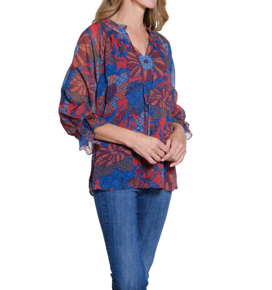 Multiples - Double Flounce Raglan 3/4 Sleeve Tie Front Shirred Neck Top