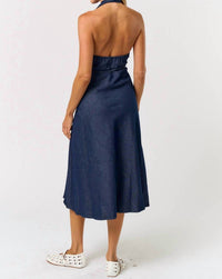 lalavon Halter Neck Denim Maxi Dress in indigo - women's dress - detail view