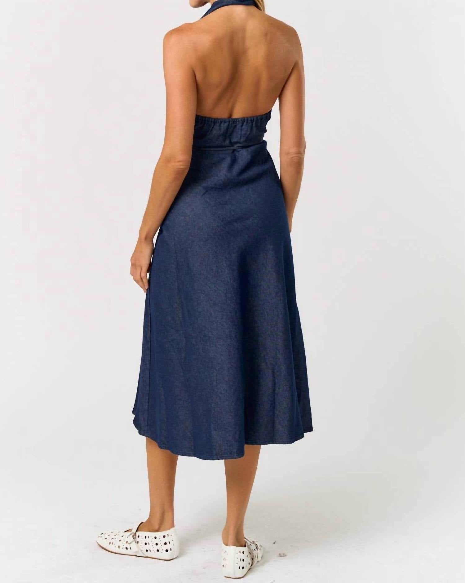 lalavon Halter Neck Denim Maxi Dress in indigo - women's dress - detail view
